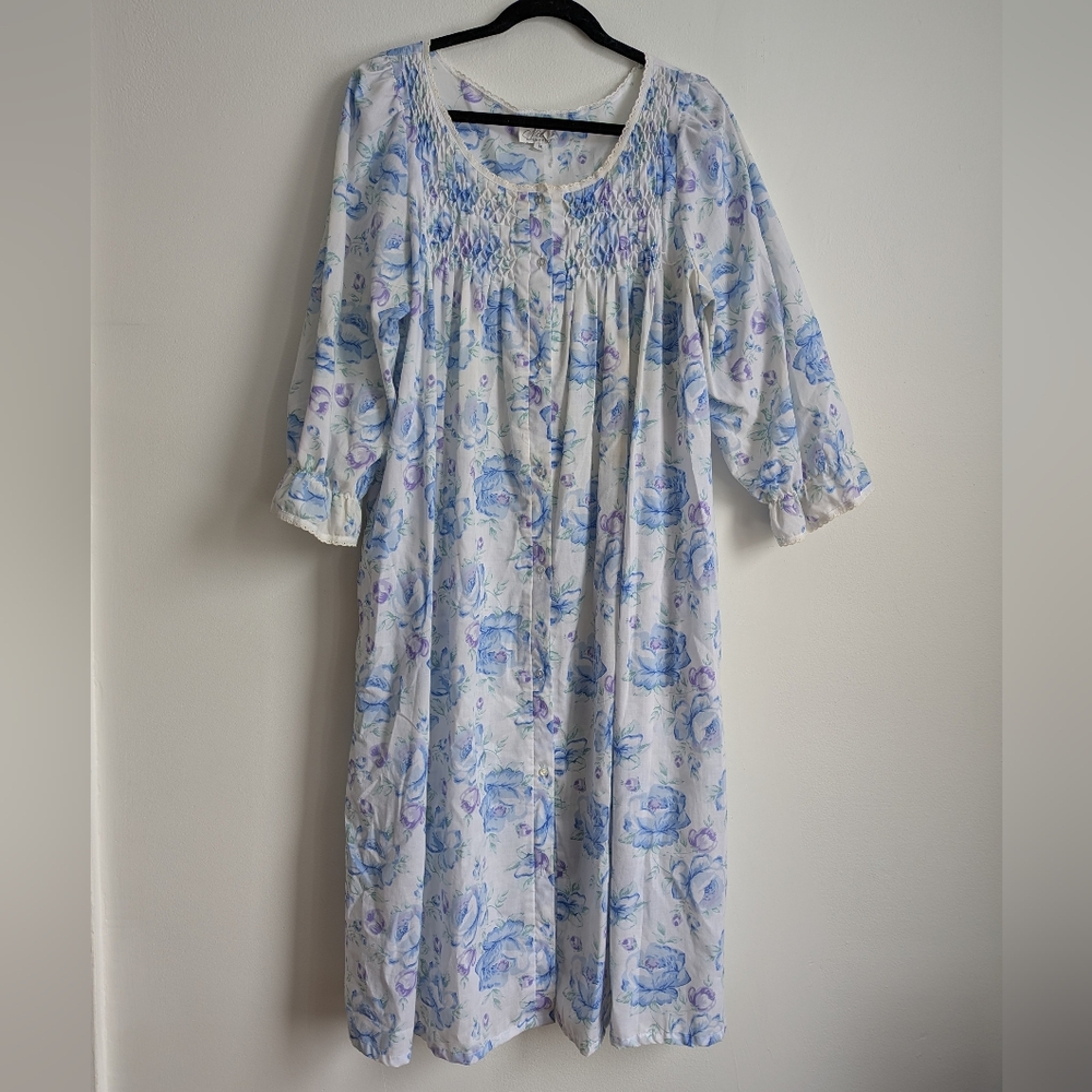 Vintage Floral Blue Cottagecore Maxi Dress With Eyelet Lace Trim Prairie Size M